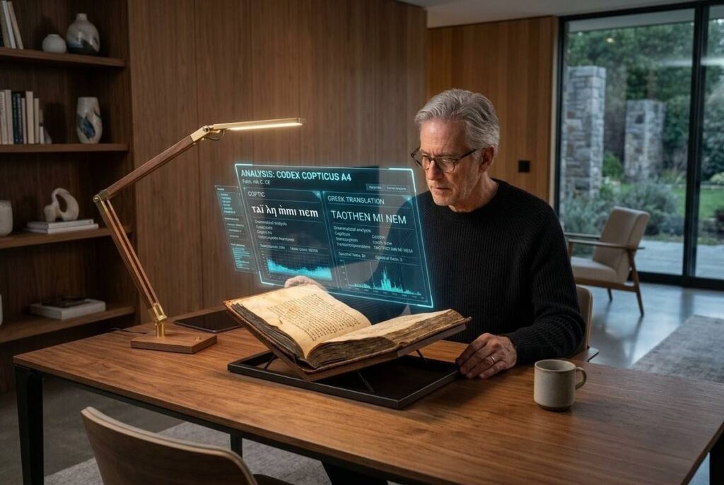Modern scholar in minimalist study examining ancient Coptic manuscript