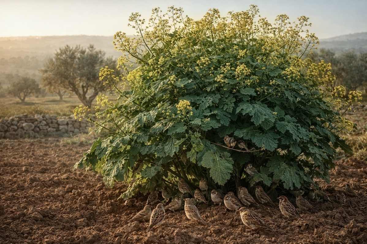 Ancient near eastern agricultural scene showing mustard seed plant with birds sheltering in branches