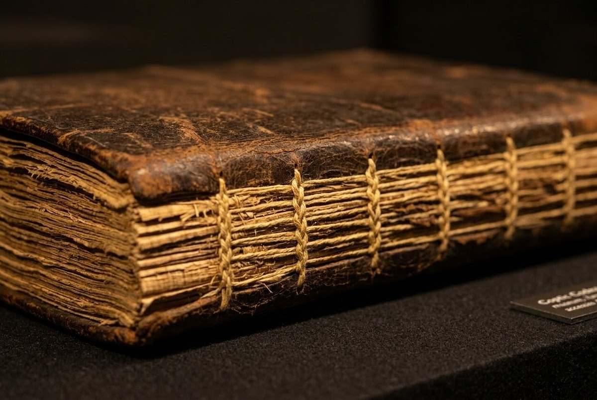 Close-up of ancient Coptic book binding showing leather thongs and papyrus quires, museum conservation photography