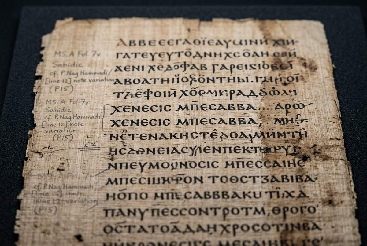 Ancient Coptic manuscript showing Sahidic script with scholarly annotations, museum conservation lighting, detailed philological examination