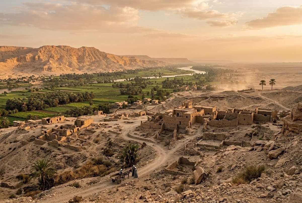 Archaeological site of Nag Hammadi showing cliffs and Nile Valley landscape
