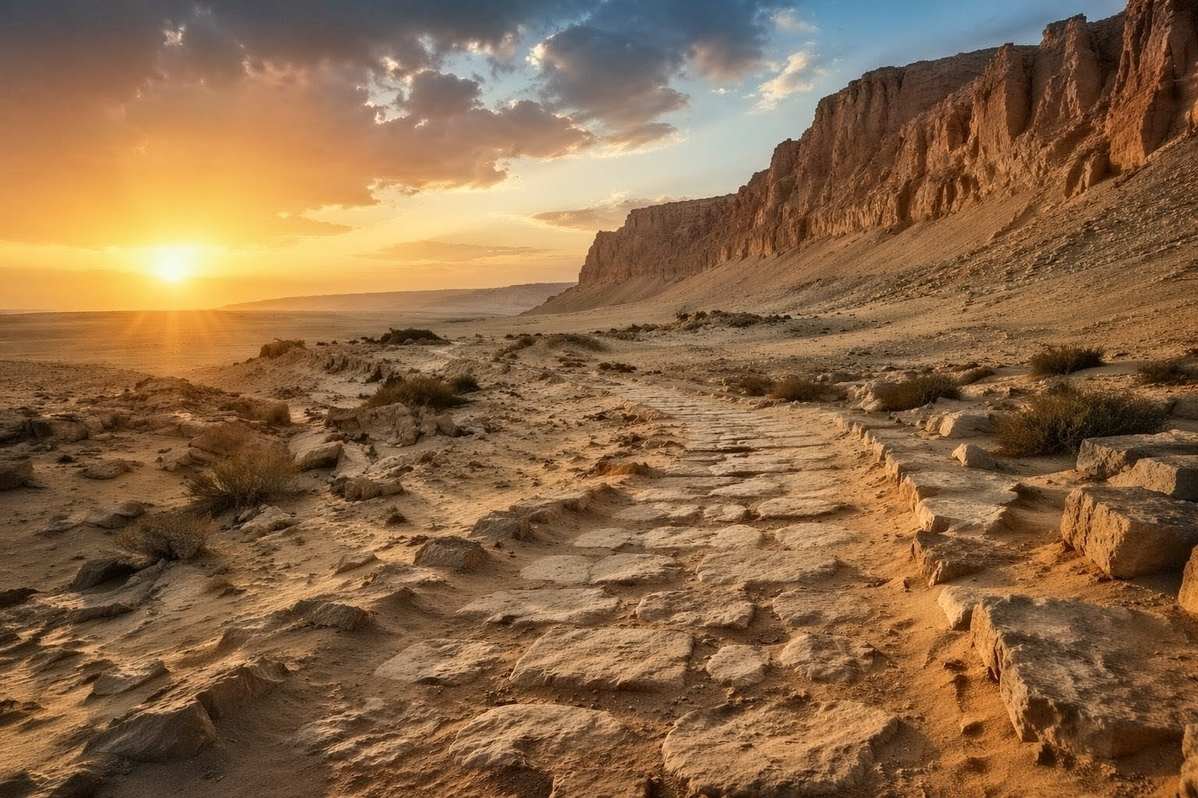 Ancient stone path winding through Egyptian desert toward distant cliffs at golden hour