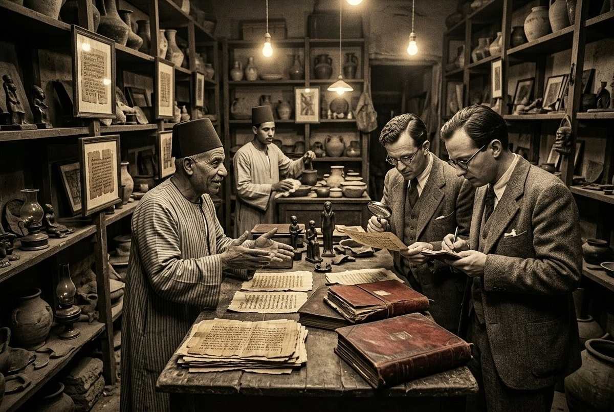 Cairo antiquities market showing dealers and manuscripts