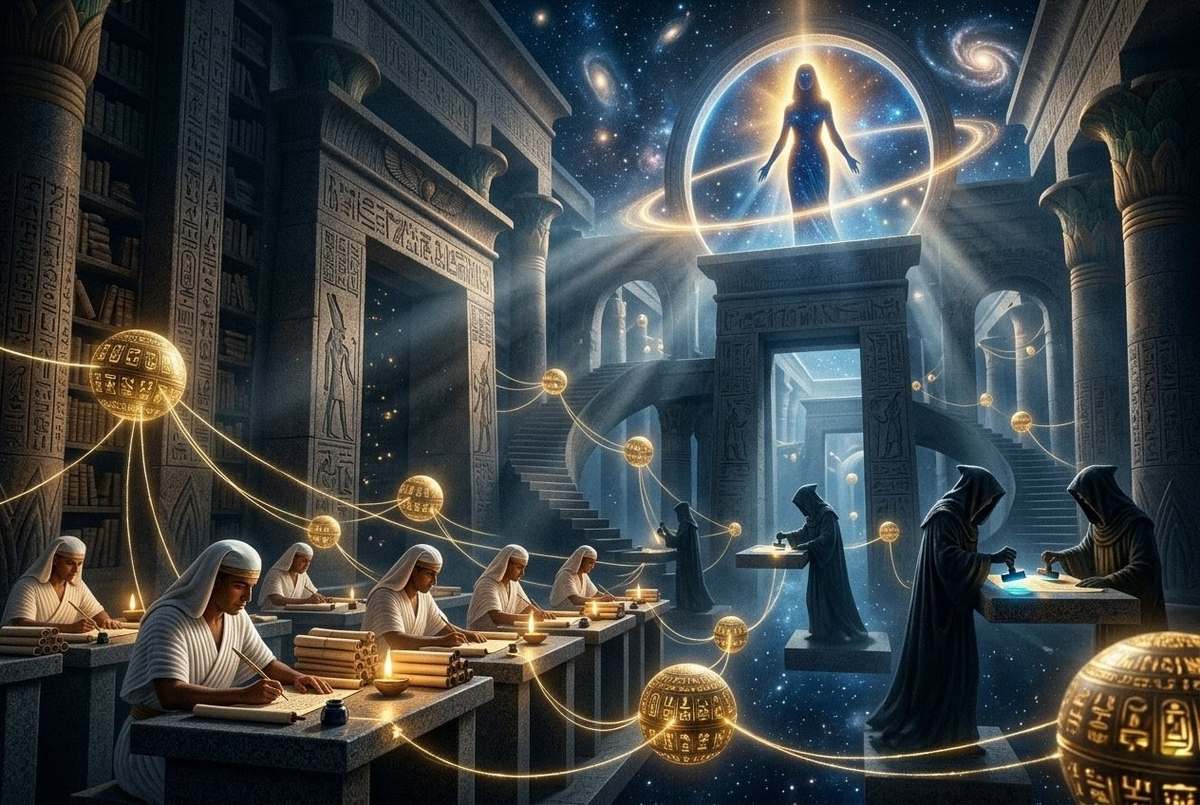 Surreal photorealistic image of an infinite cosmic filing cabinet with aeonic spheres as files and archonic bureaucrats at stone desks