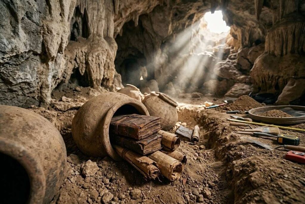 Archaeological discovery of ancient codices in desert cave with dramatic lighting