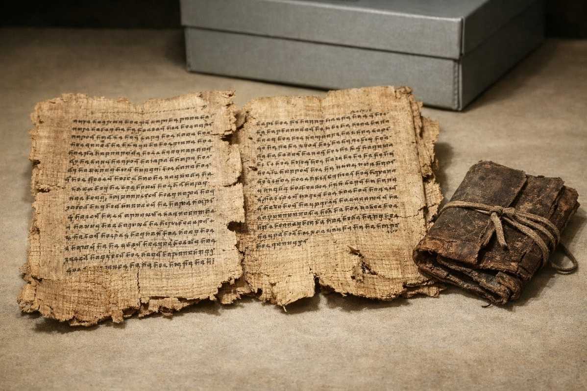 Ancient Coptic manuscript pages from the Nag Hammadi Library displayed in archival lighting