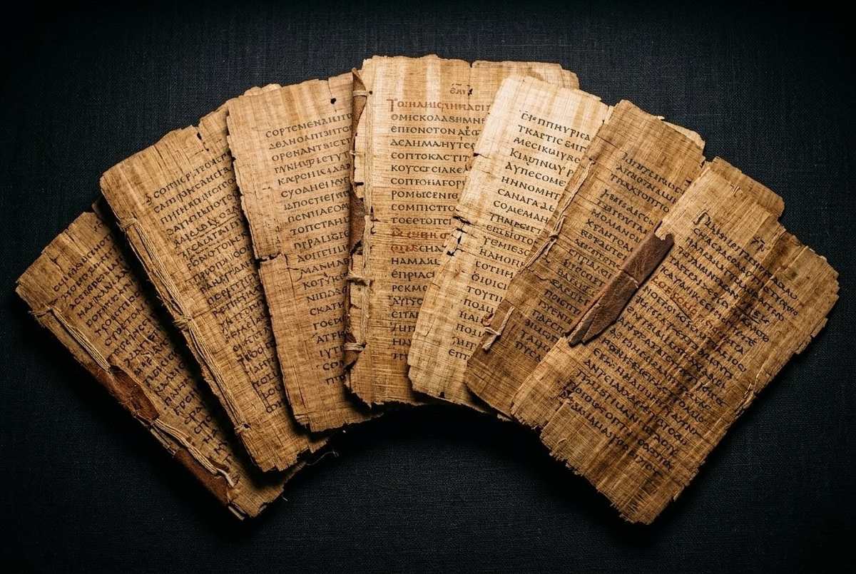 Seven ancient papyrus manuscripts representing the crown jewels of Nag Hammadi Codex II arranged in display