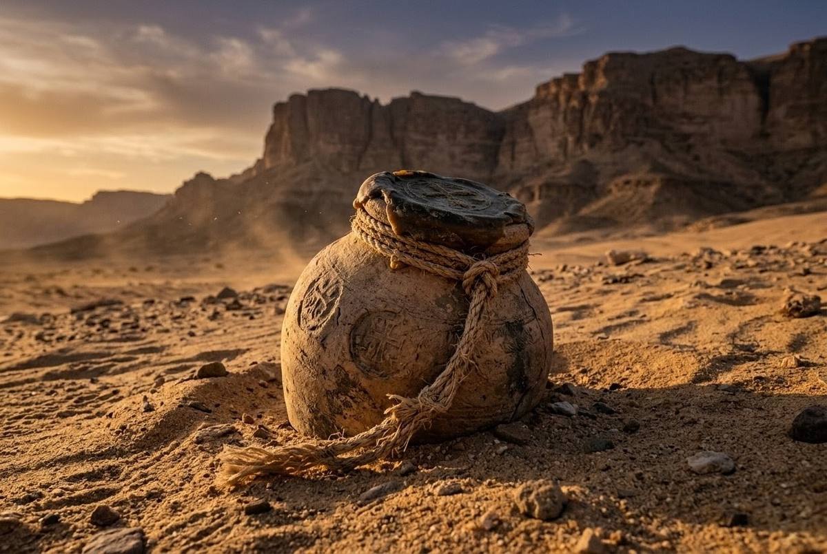 Ancient sealed clay jar partially buried in Egyptian desert sand at twilight