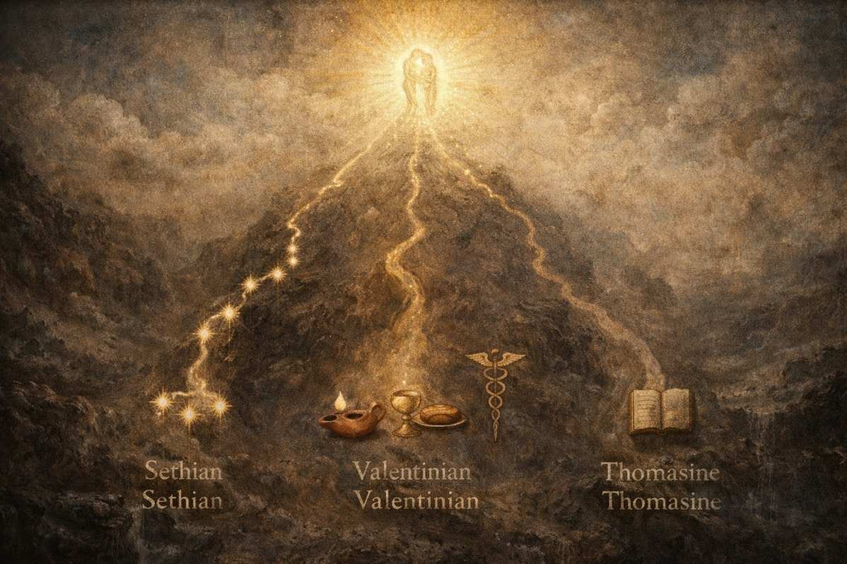 Ancient artistic map showing multiple paths ascending to divine source from different starting points