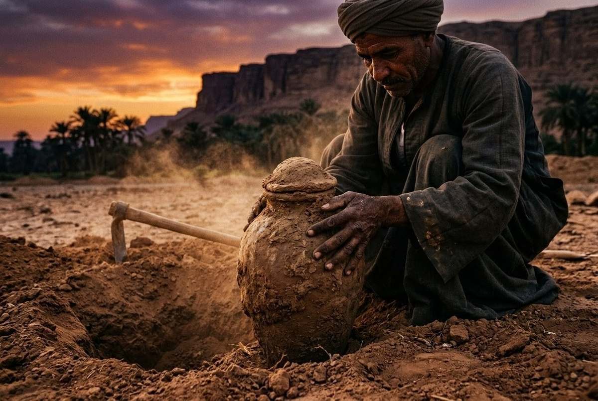 Historical reconstruction of Muhammad Ali discovering the sealed jar near Nag Hammadi in 1945