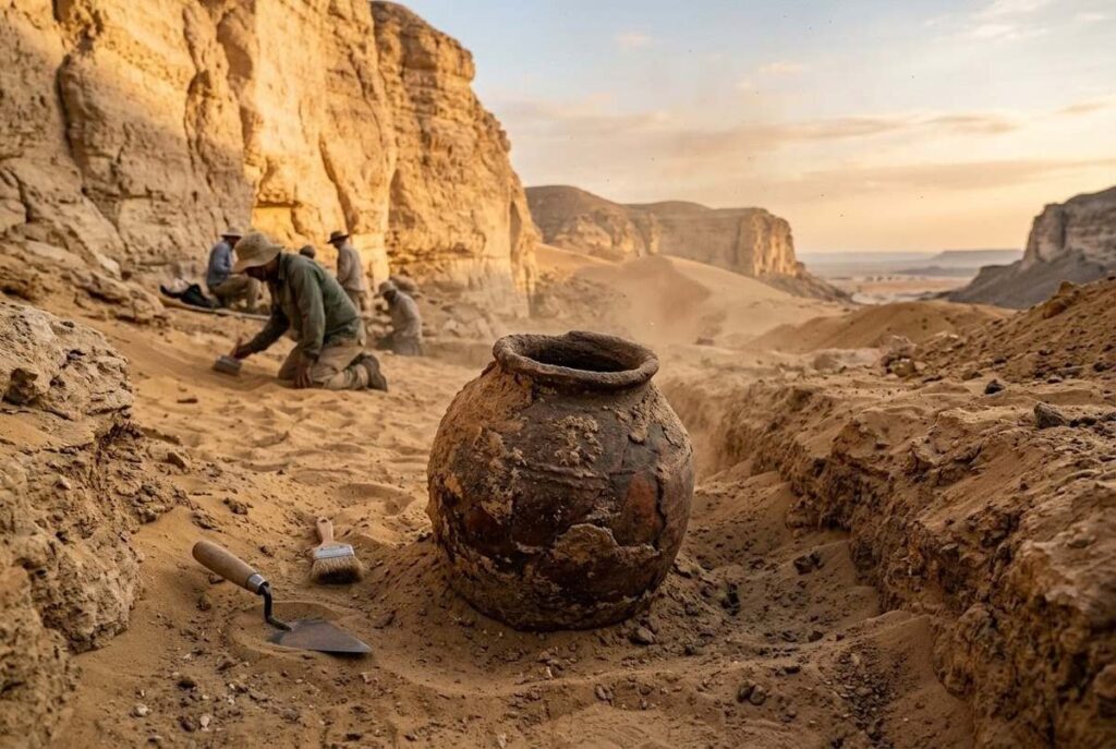 Ancient clay jar unearthed from Egyptian desert sand at base of Jabal al-Tarif cliffs, containing the buried Gnostic scriptures