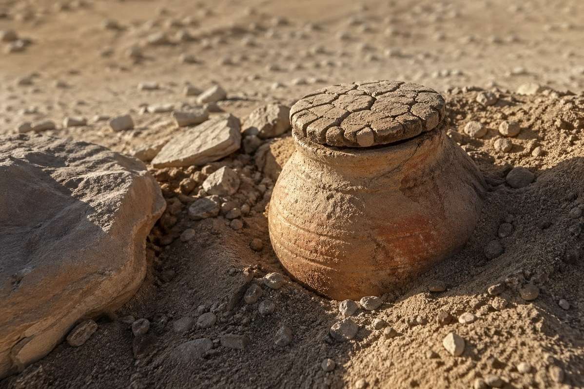 Ancient sealed jar buried in Egyptian desert sand containing Nag Hammadi codices