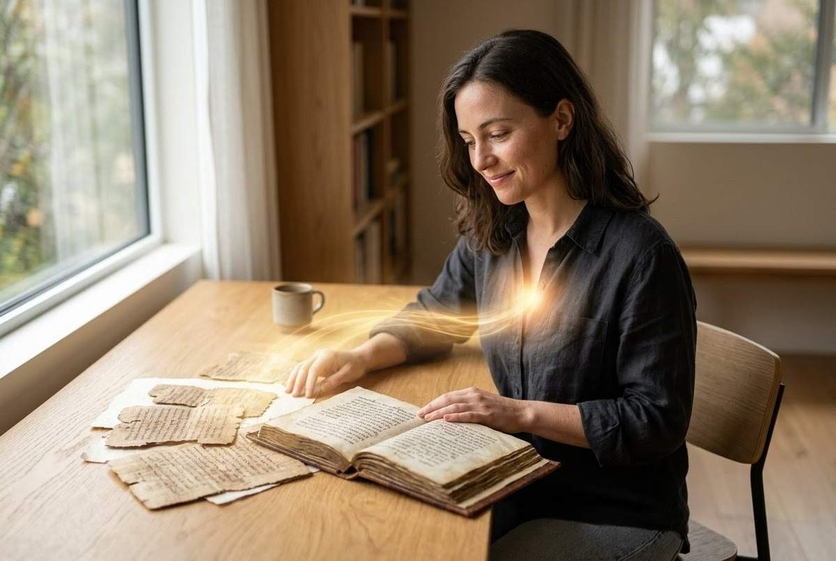 Modern reader in contemplative space with ancient Coptic texts activating inner recognition