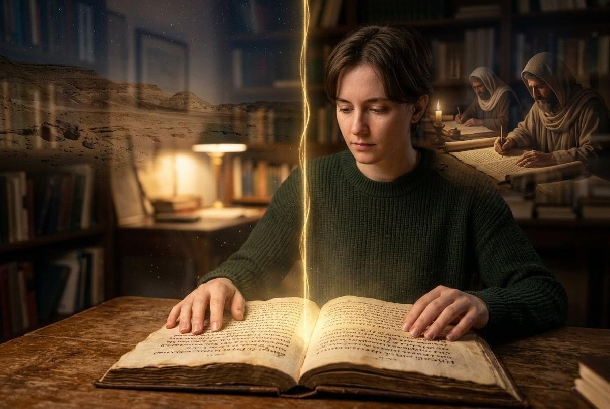 Contemplative reader studying ancient Gnostic text with ethereal light connecting past to present