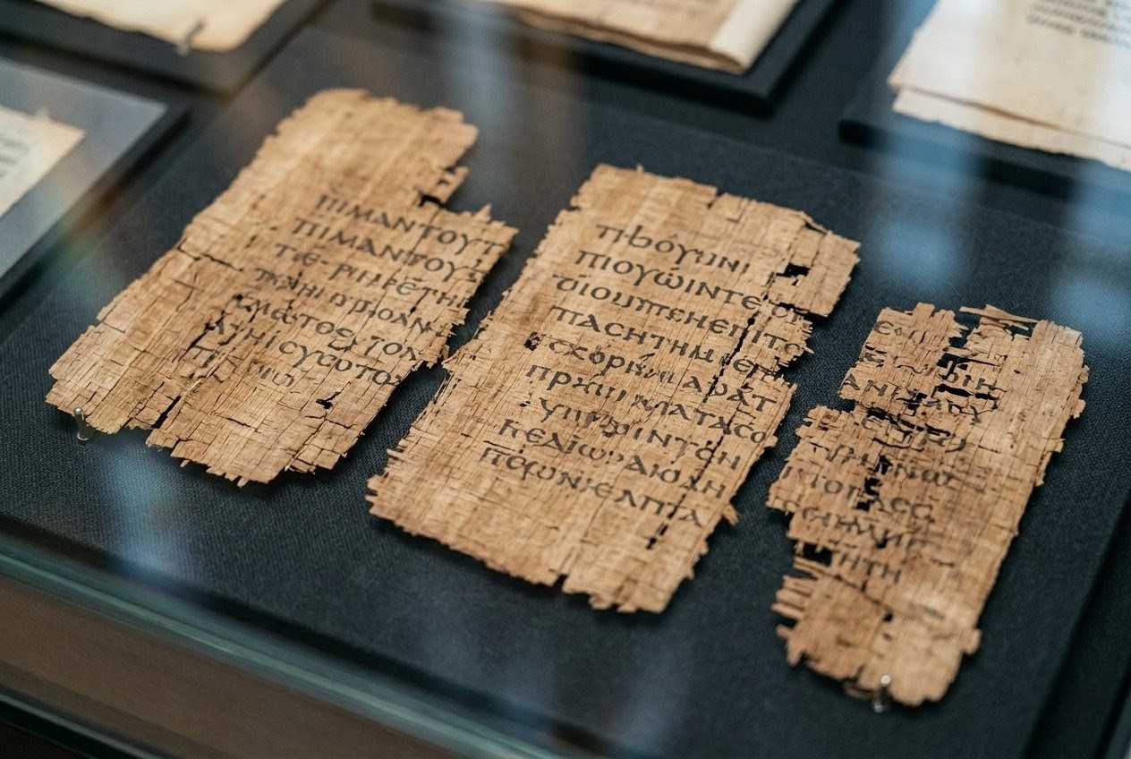 Close-up of ancient papyrus fragments showing Coptic script from the Nag Hammadi Library