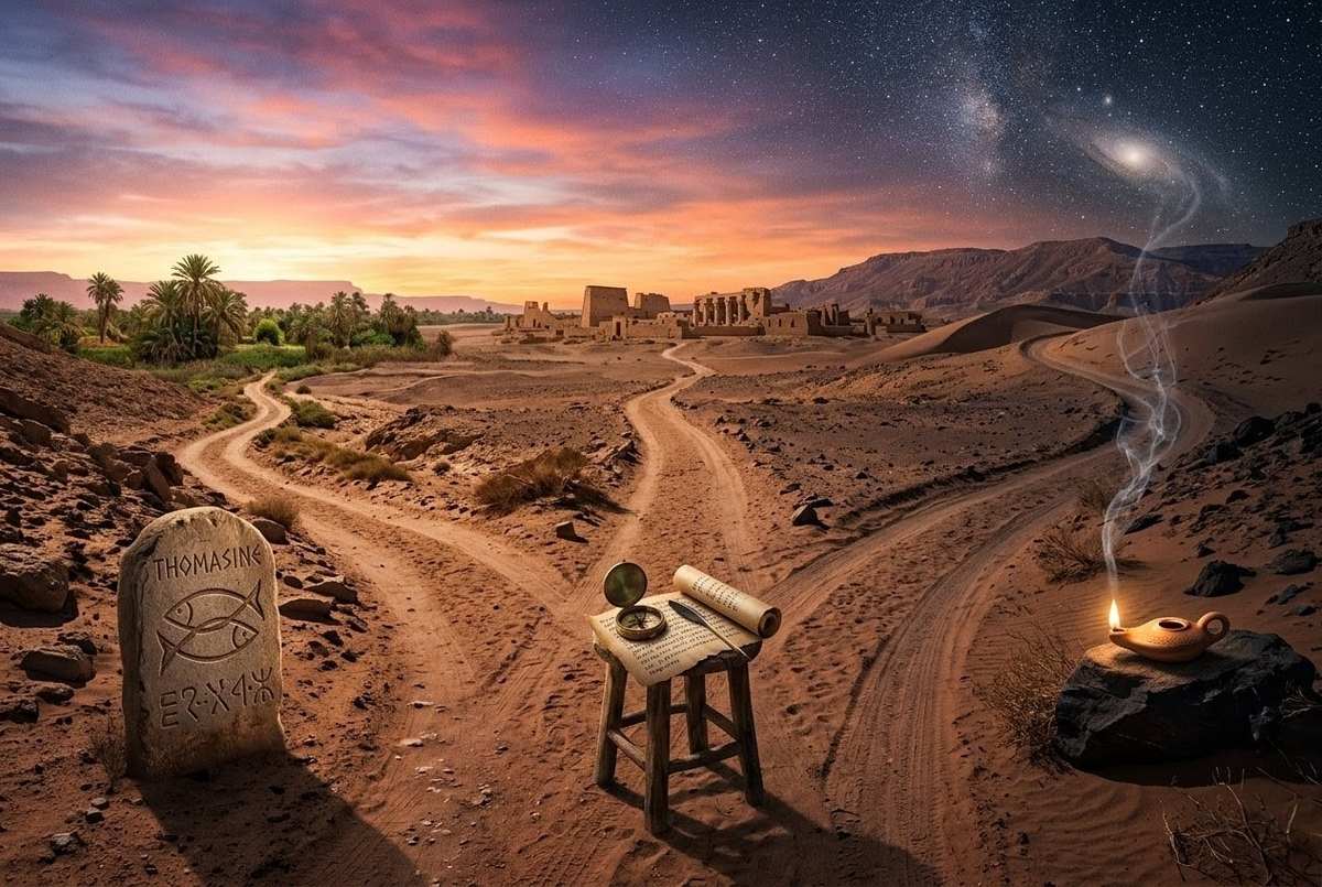 Three diverging desert paths representing the Seeker, Academic, and Mystical reading paths through the Nag Hammadi Library