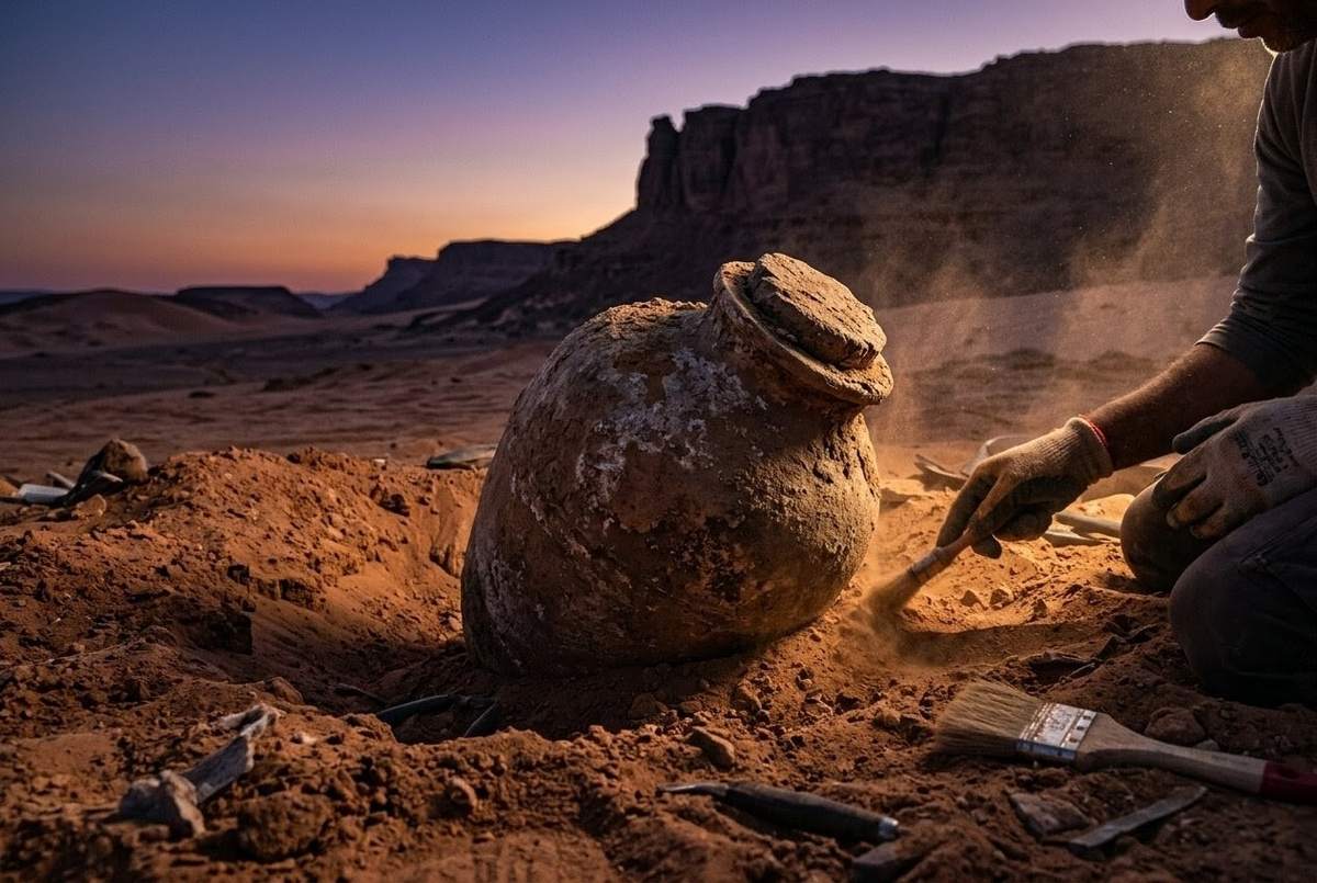 Ancient sealed clay jar partially buried in Egyptian desert sand containing the Nag Hammadi codices