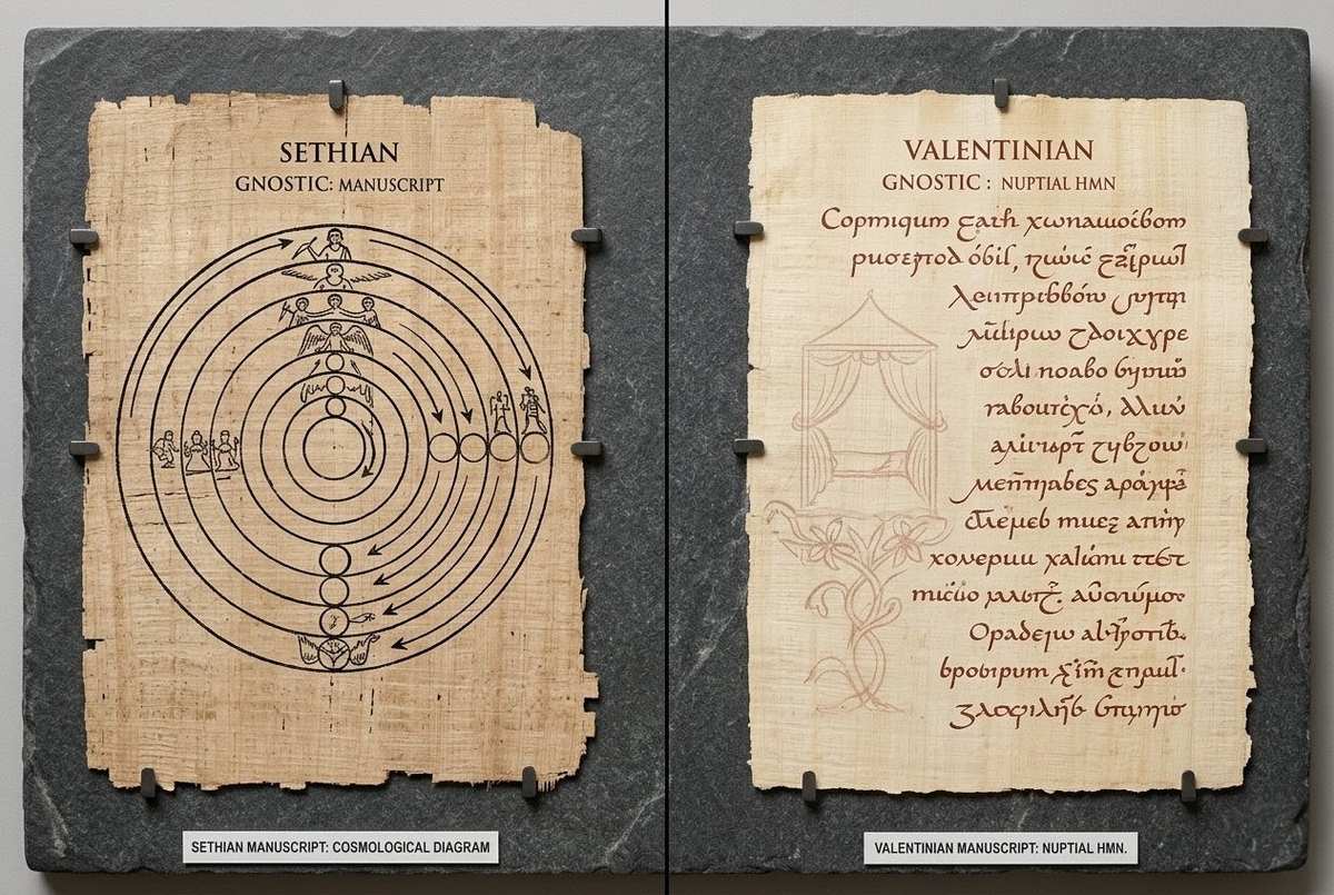 Two distinct ancient manuscript traditions representing Sethian cosmic ascent and Valentinian sacramental theology side by side