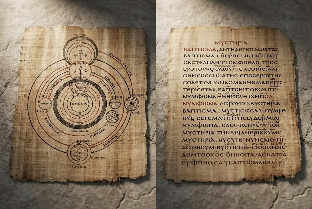 Ancient manuscripts showing Sethian cosmological diagram and Valentinian sacramental text side by side