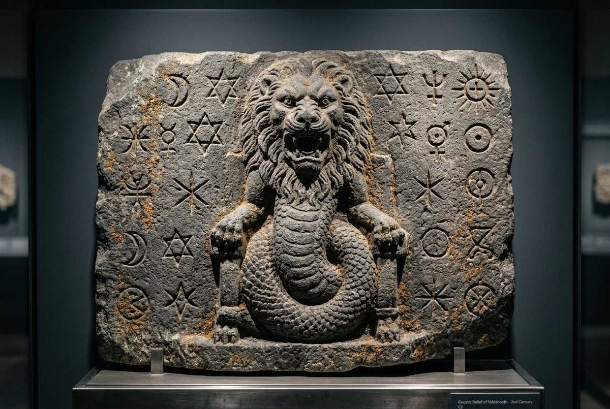 Ancient relief showing lion-headed serpent with star symbols, representing the demiurge, weathered stone texture