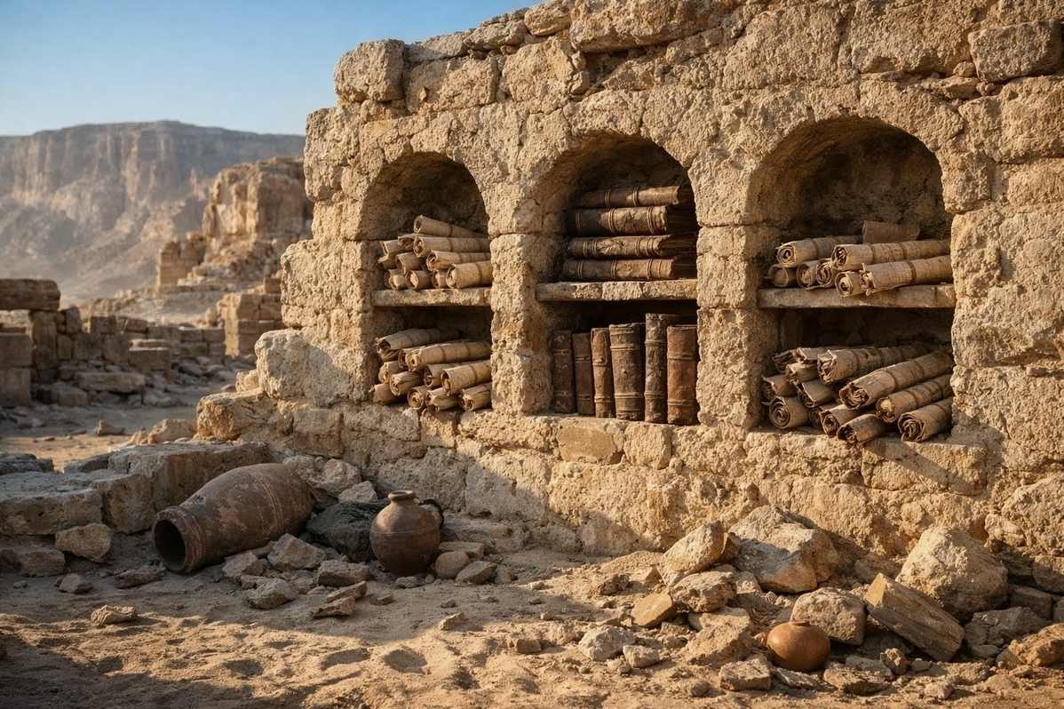 Ancient stone library ruins in Egyptian desert with scrolls and codices