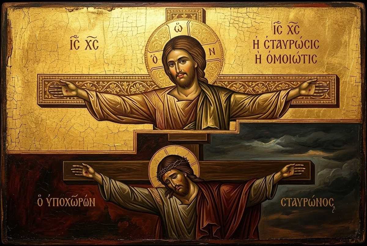 Ancient icon showing two figures on cross - one laughing above, one suffering below, with golden and dark lighting contrast