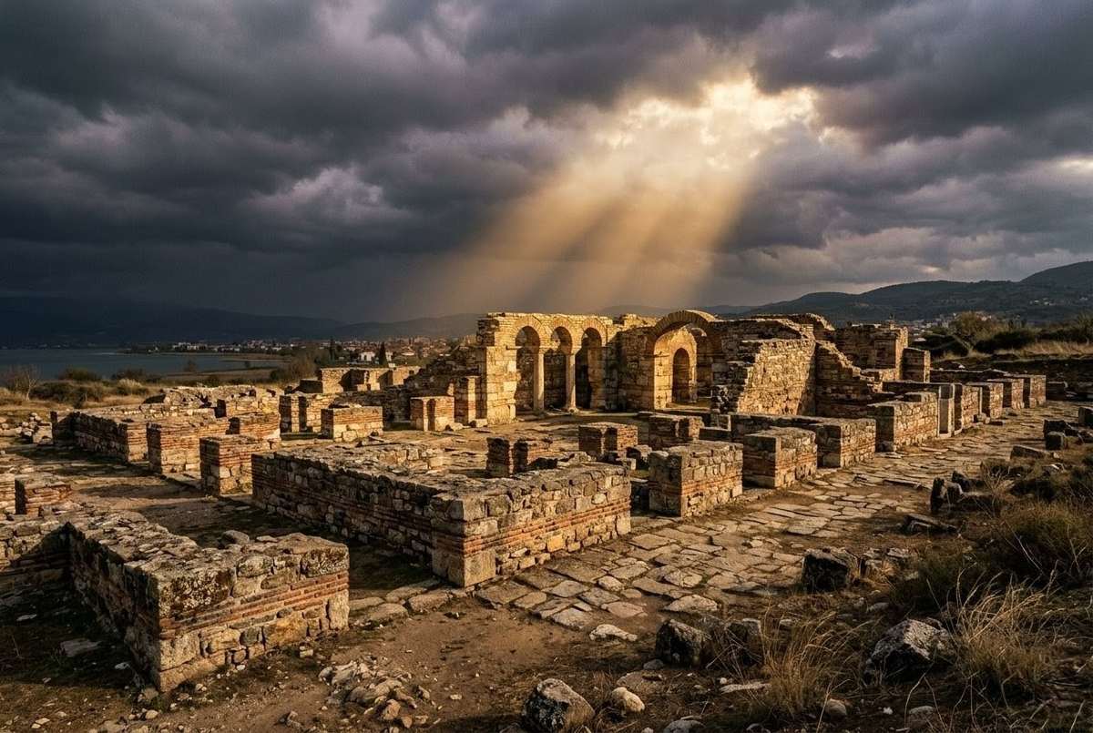 Ancient stone ruins of Nicaea with dramatic storm clouds, showing the architectural setting of the first ecumenical council