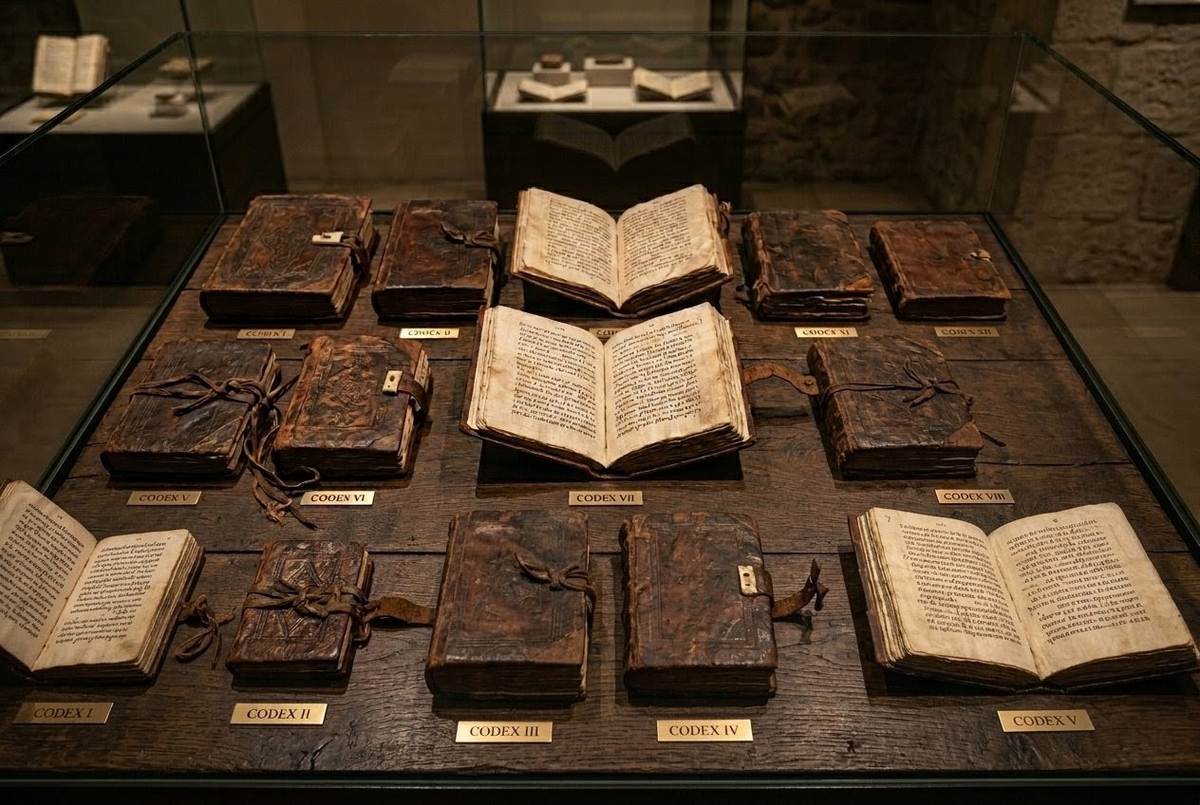 Thirteen ancient leather-bound papyrus codices arranged in archaeological display