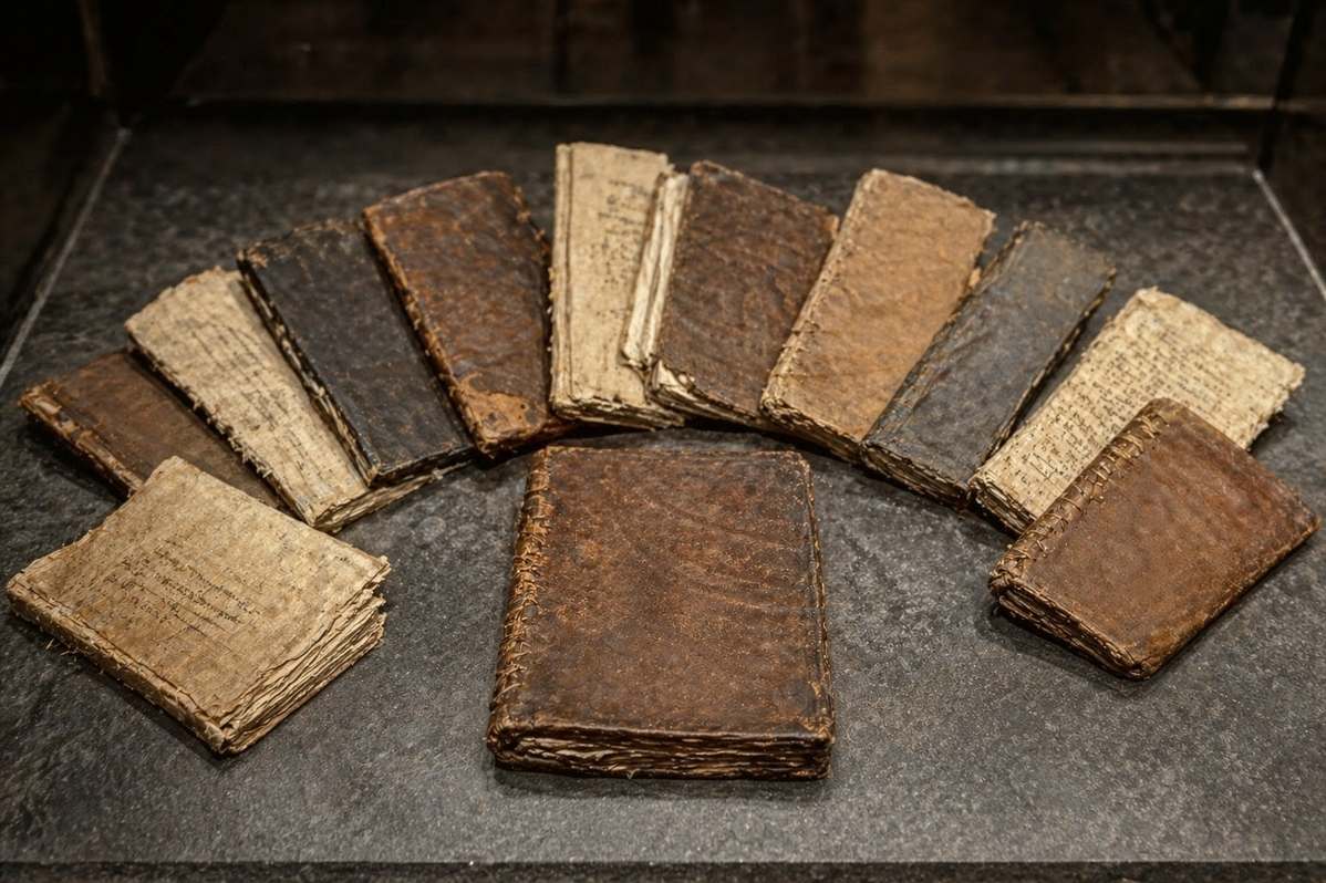 Thirteen ancient leather-bound codices fanned out showing papyrus pages and bindings