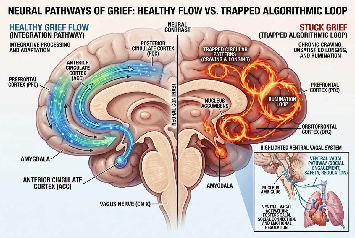 Neural pathways showing trapped grief cycles in brain