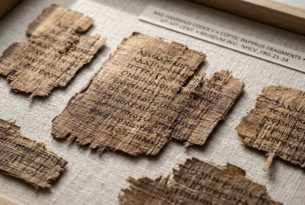 Ancient Coptic papyrus fragment from Nag Hammadi Codex V showing Eugnostos the Blessed text