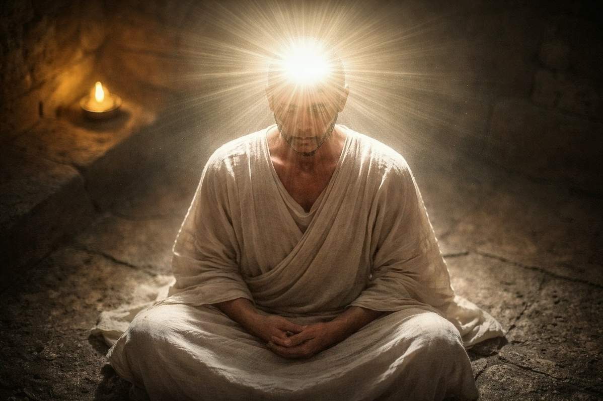 Ancient contemplative figure with radiating light from head region representing noetic baptism and mind illumination