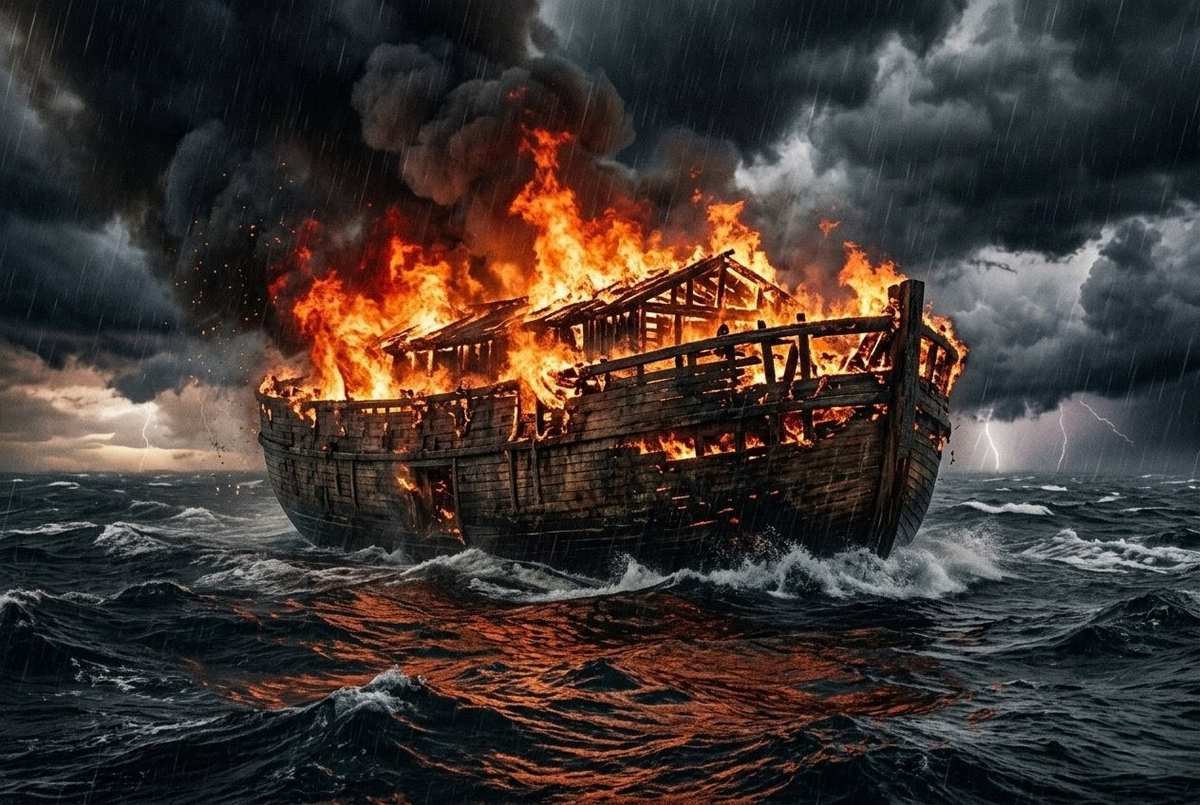 Ancient Near Eastern depiction of ark vessel with flames against stormy waters