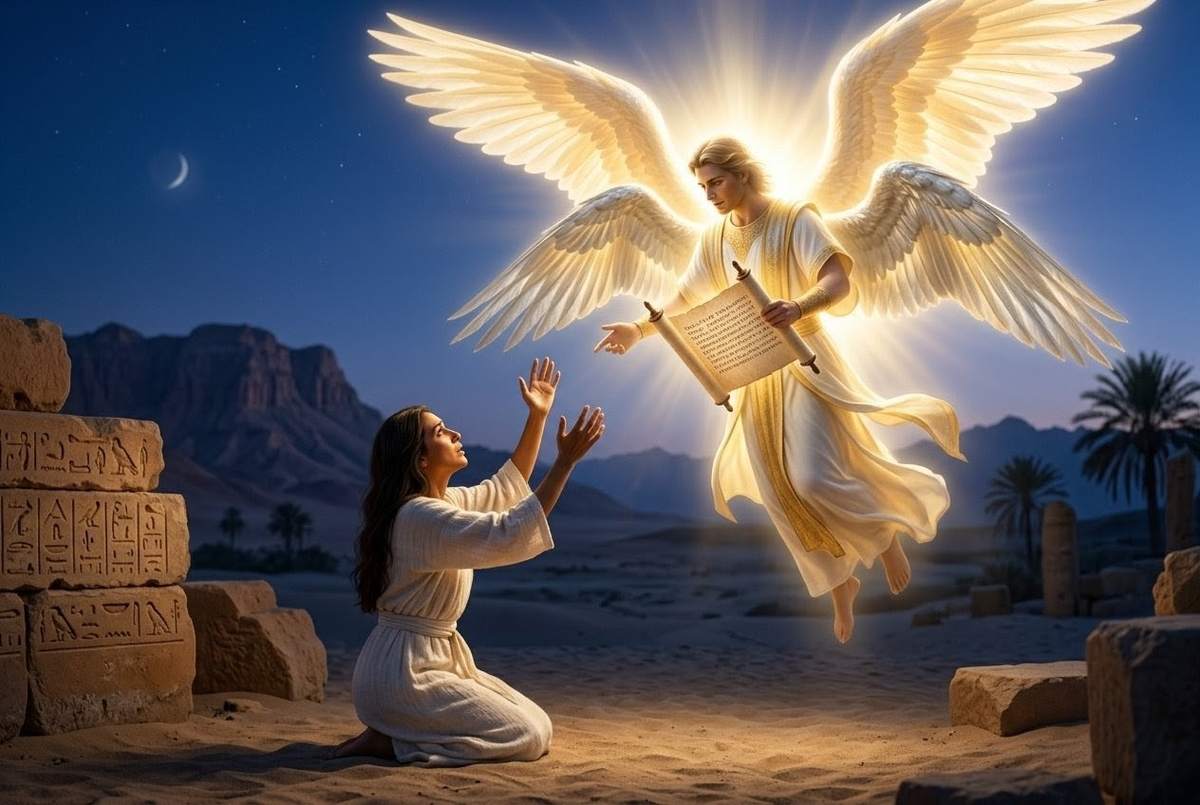 Norea kneeling in prayer as the angel Eleleth descends with radiance in an Egyptian desert setting