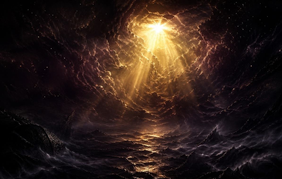 Primordial cosmic chaos with divine light emerging from darkness in ancient Near Eastern cosmology