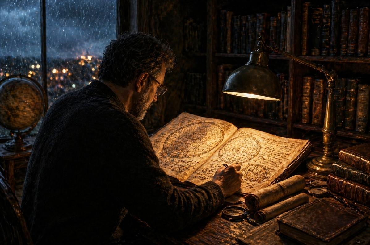 Modern scholar studying ancient cosmological manuscript in library with celestial map
