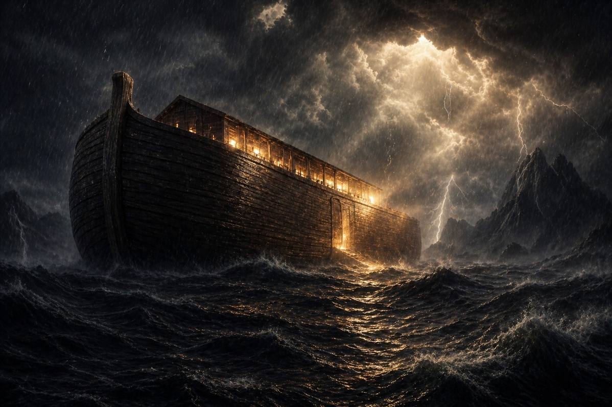Ancient ark vessel surviving dark cosmic flood waters with divine light above