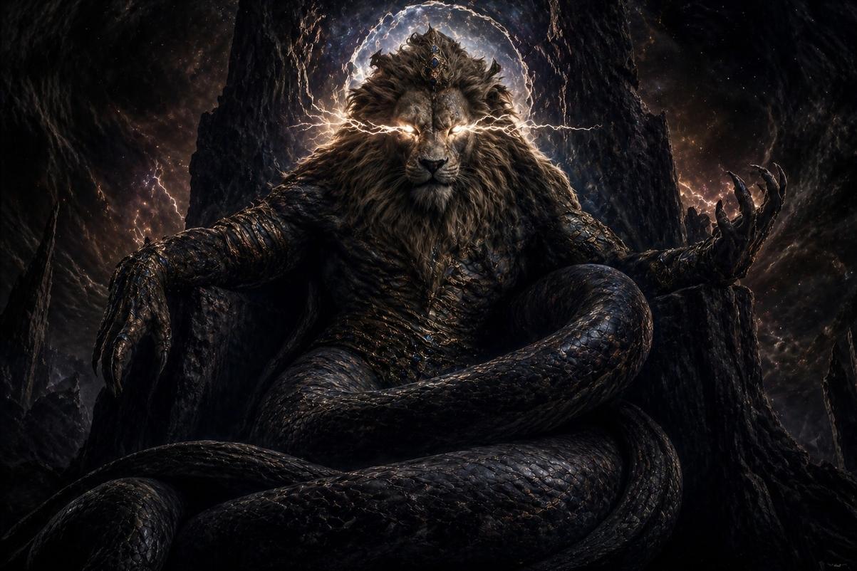 Lion-faced serpent demiurge Yaldabaoth with lightning eyes in cosmic darkness