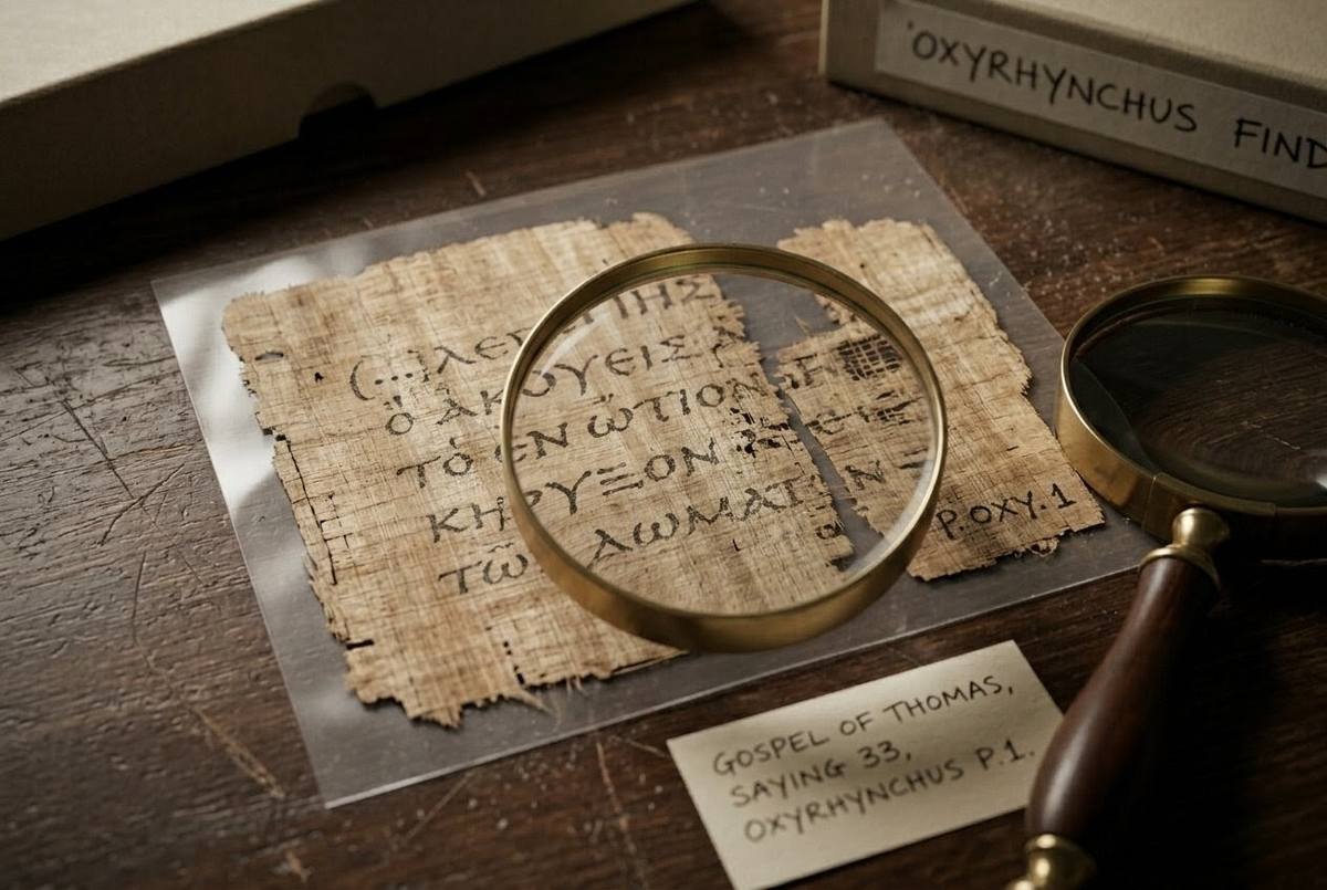 Ancient Greek papyrus fragments from Oxyrhynchus showing Gospel of Thomas text