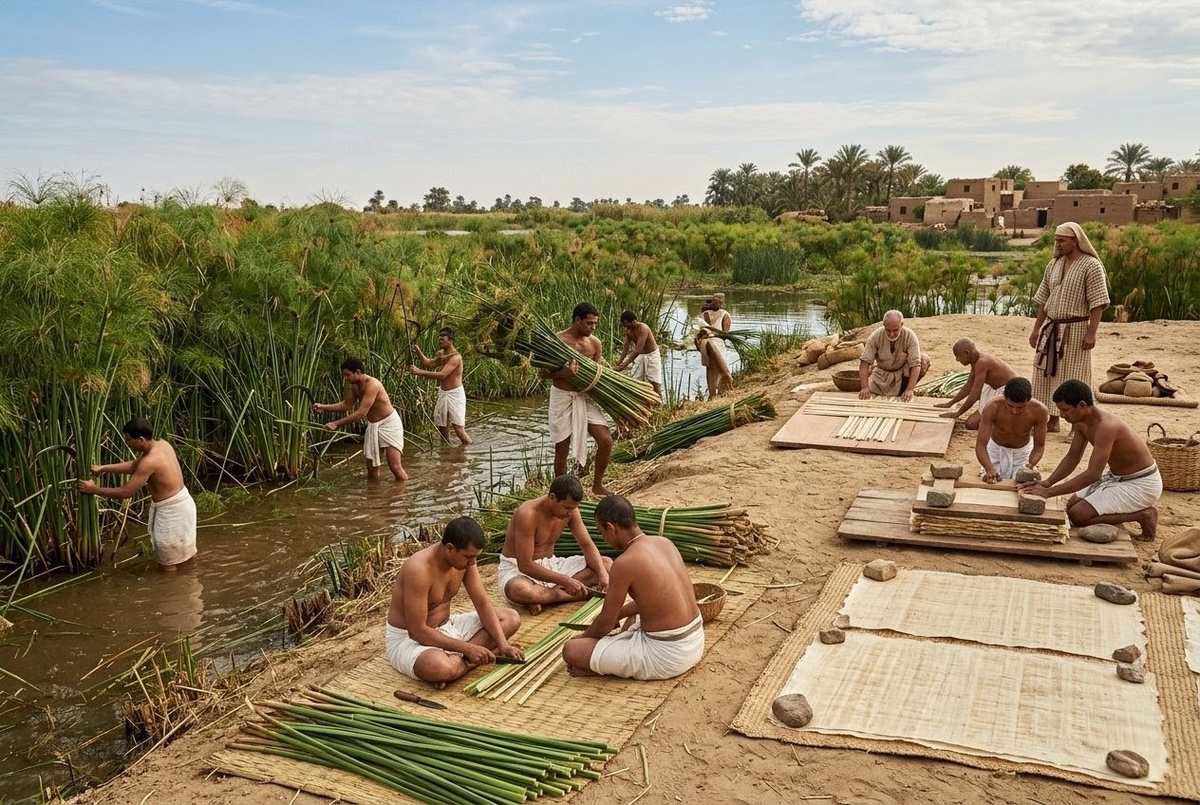 Papyrus reed harvesting and sheet manufacture in ancient Egypt