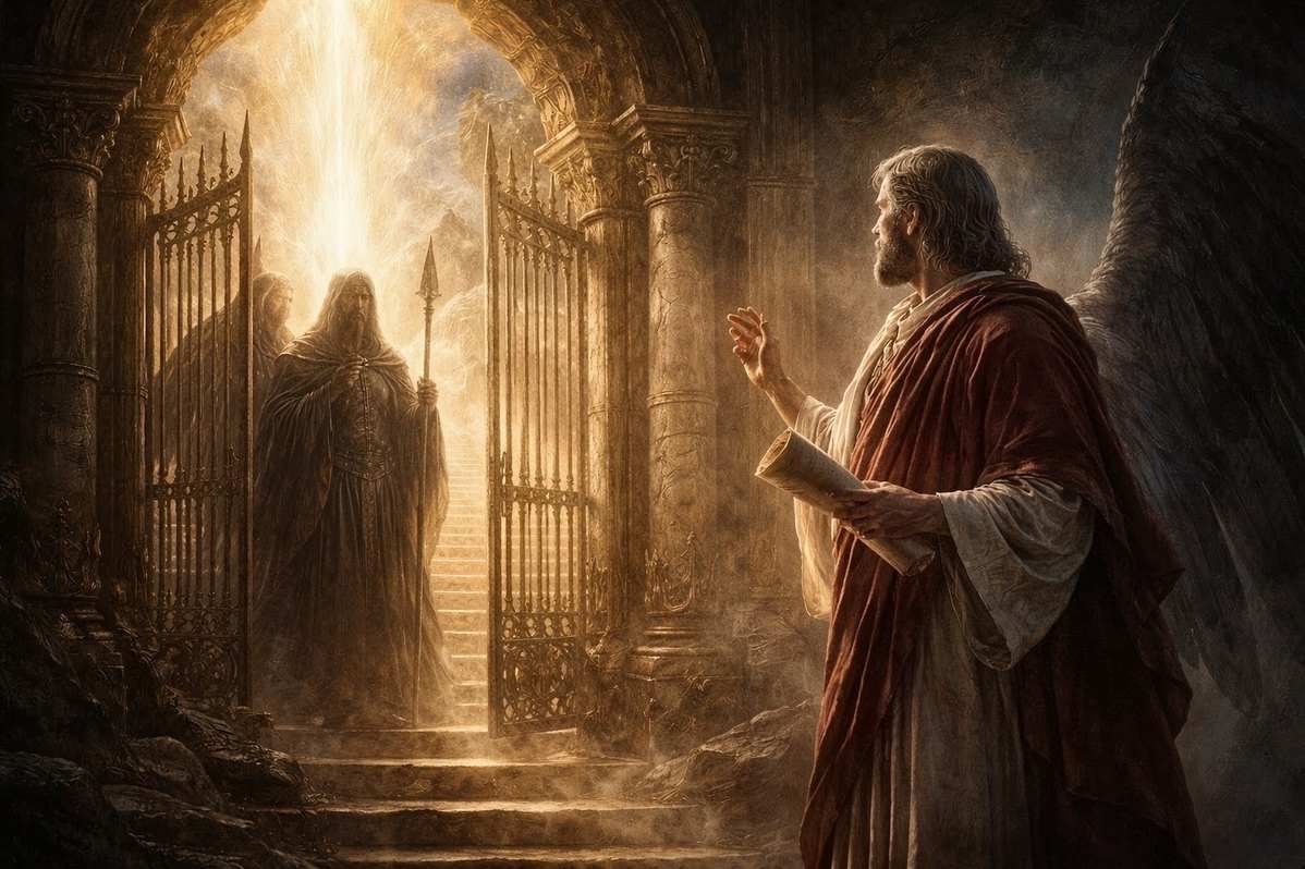 Ancient scene showing robed figure ascending through celestial gates presenting credentials to guardians