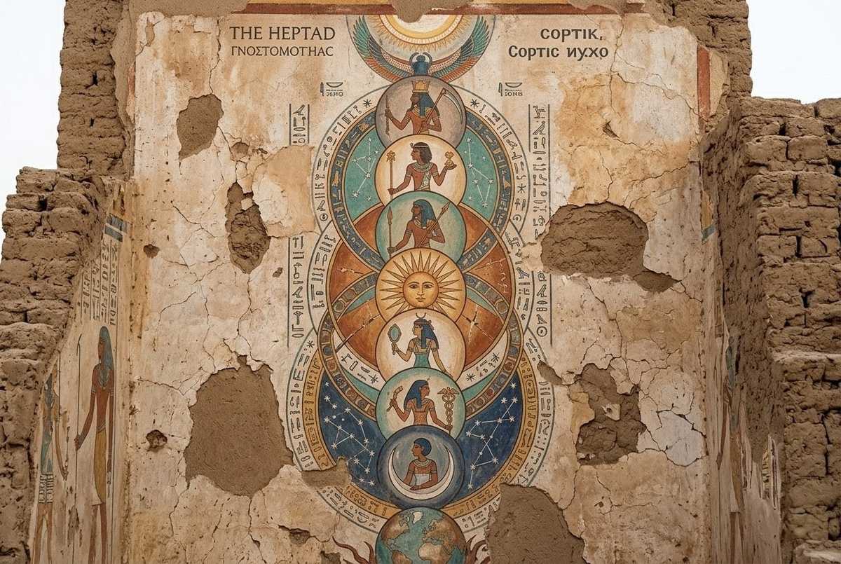 Ancient astronomical diagram showing planetary spheres with archonic guardians