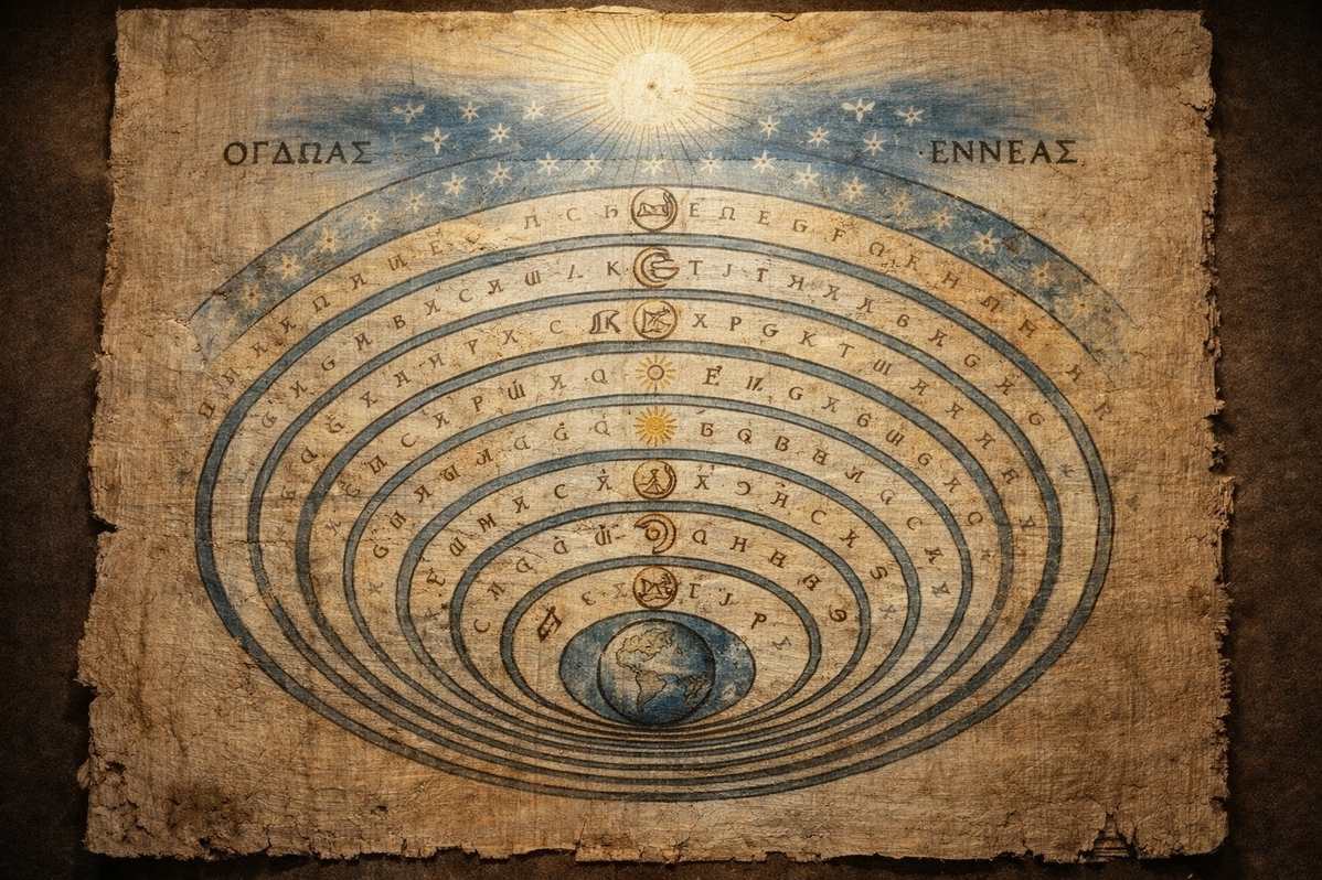 Ancient diagram of planetary spheres with Hermetic ascent imagery