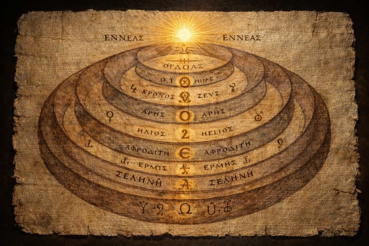 Ancient diagram showing seven planetary spheres ascending to Ogdoad and Ennead beyond