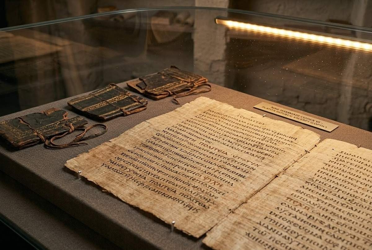 Ancient Coptic manuscript showing Plato's Republic excerpt from Book IX alongside Greek philosophical diagrams