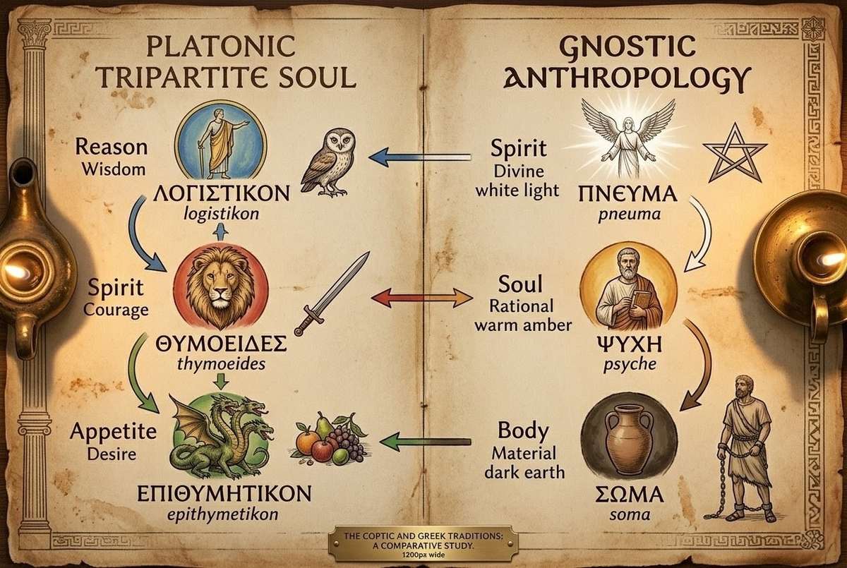 Comparative diagram showing Platonic tripartite soul alongside Gnostic anthropology with connecting arrows and labels