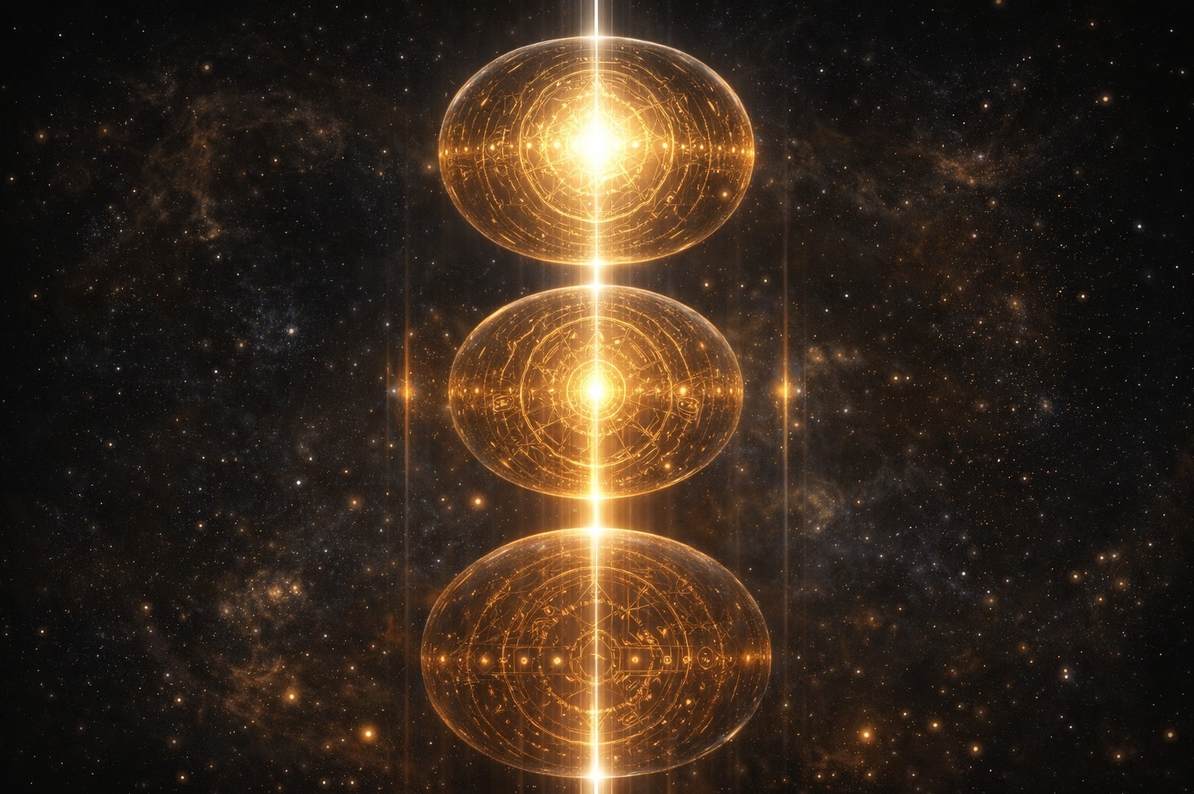 Ethereal vision of concentric luminous spheres representing the Pleroma with ascending light