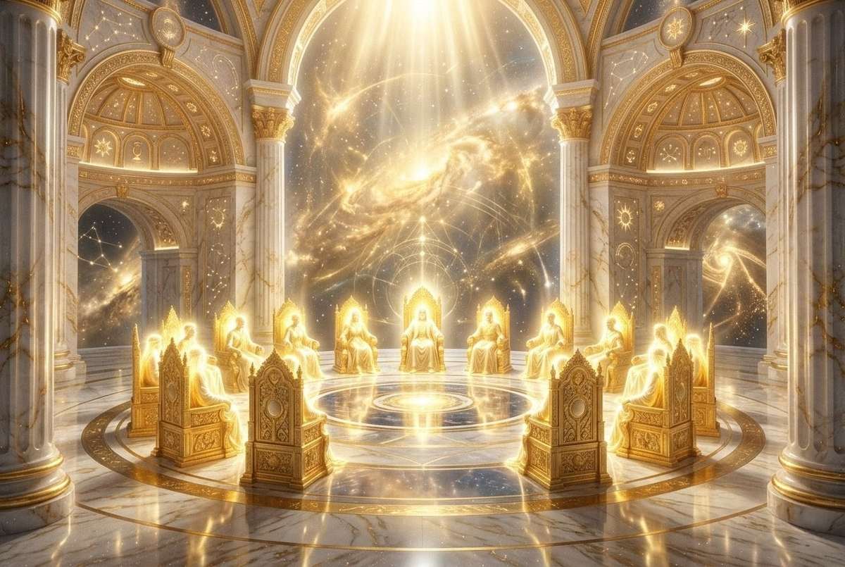 Celestial vision of the pleroma with radiant thrones, garments of brightness, and aeonic light realms