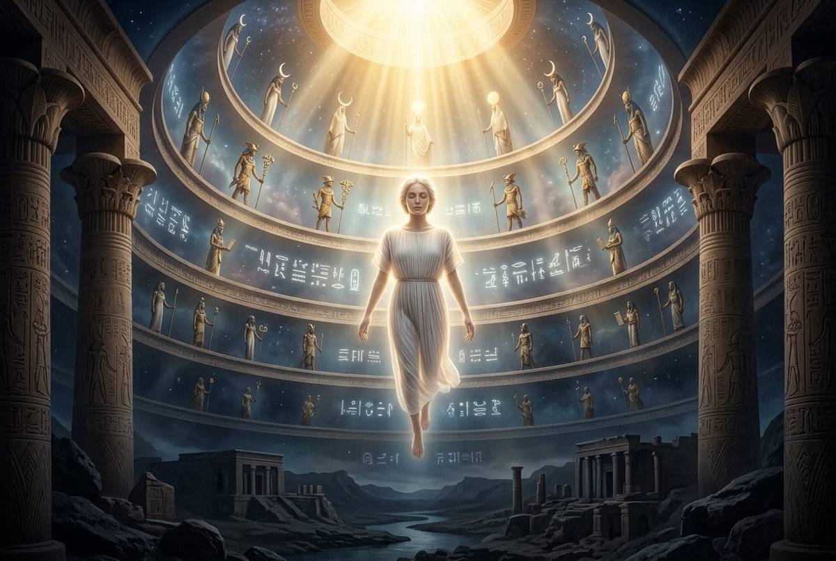 The Primordial Human descending through planetary spheres depicted as administrative levels in an Egyptian cosmic temple