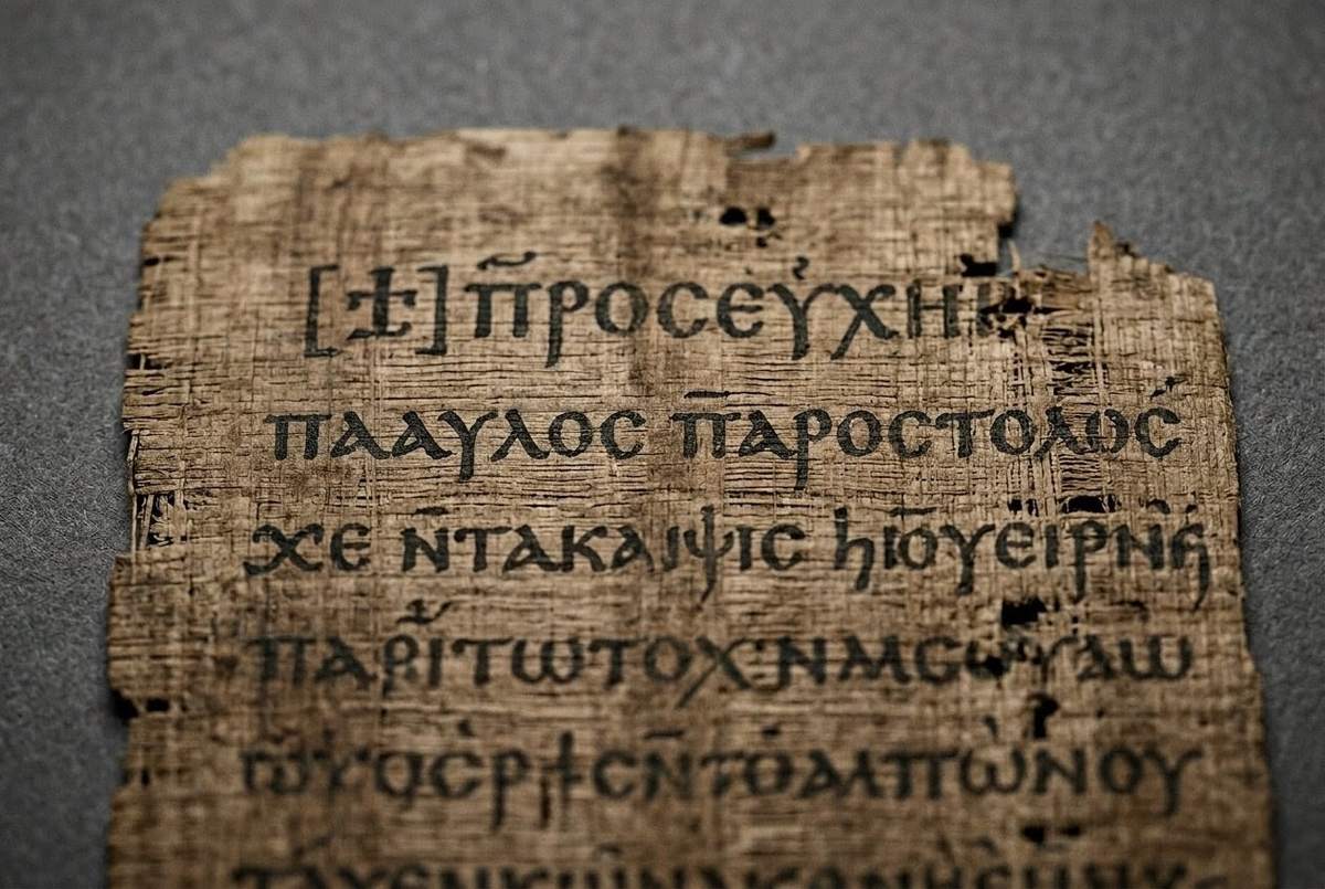 Ancient Coptic papyrus from Codex I showing opening lines of the Prayer of the Apostle Paul